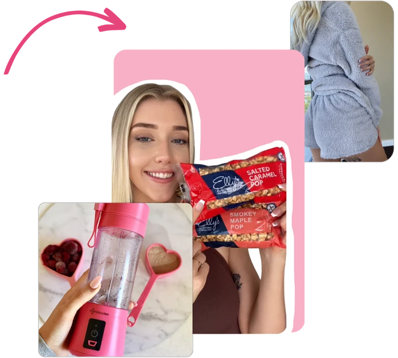 Lana James, an Australian UGC creator, is displayed creating user-generated content creatives for various brands. The first picture shows her holding a packet of Elly's Gourmet Confectionery's Salted Caramel Pop, which is an Australian-based brand. The second picture features her wearing a cozy Honey Fleece lounge wear set. In the third picture, she is holding a Blendoo portable blender.